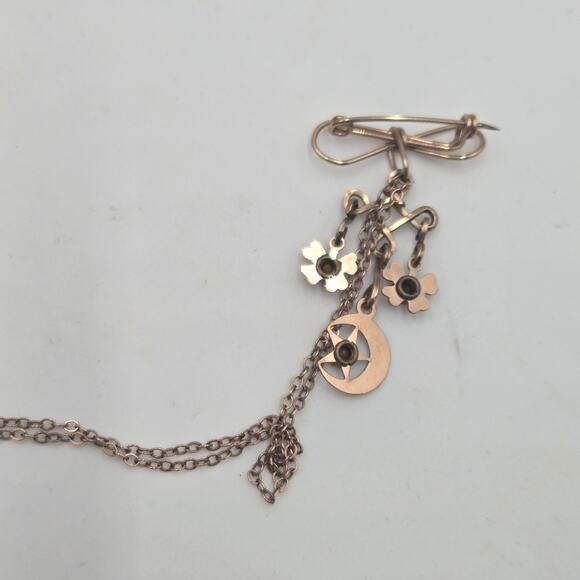 Victorian Antique Chain Brooch Gold Filled Moon Flowers Blue Topaz Glass Unique - Picture 6 of 8